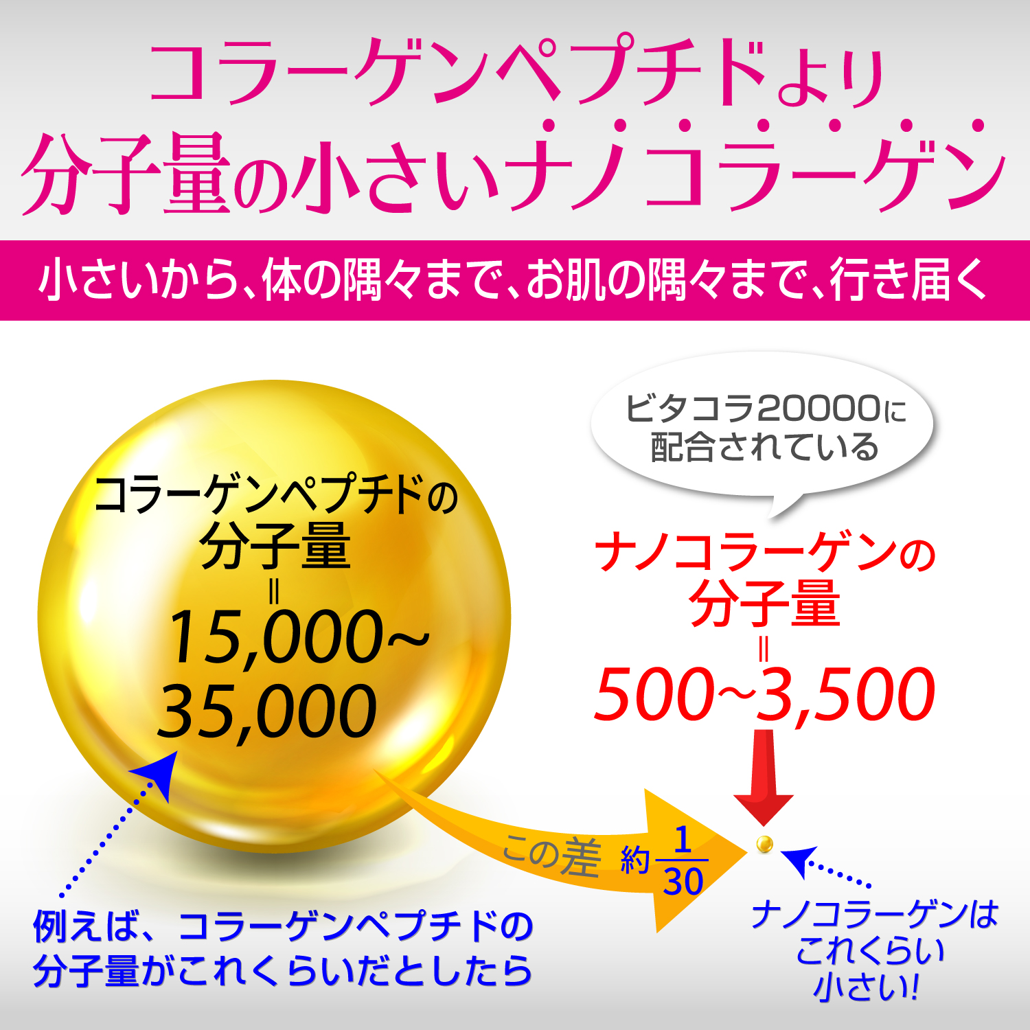 ナノコラーゲンはナノコラーゲンは体と肌の隅々までコラーゲン効果が行き届きます