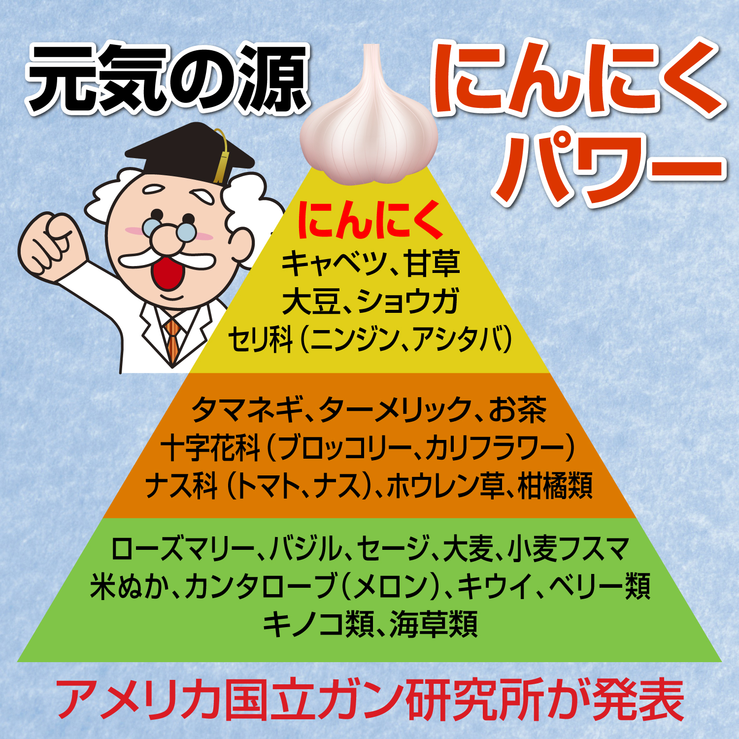 にんにくは､1990年にアメリカ国立ガン研究所の《デザイナーフーズ計画》で”最も栄養価の高い食品”として発表